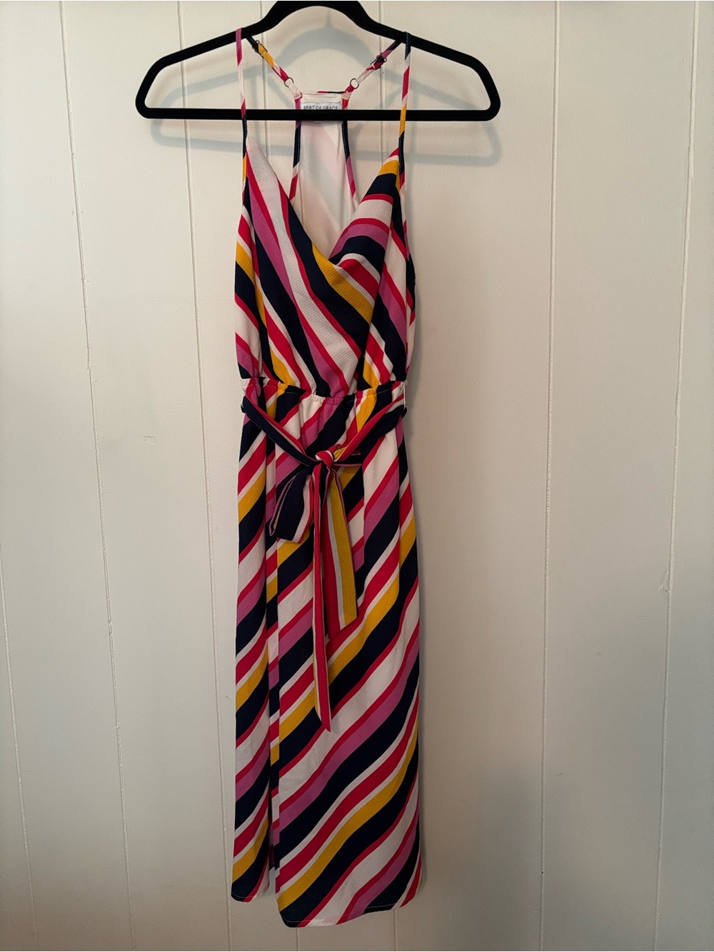 Striped Pink Navy & Mustard Midi Dress with Tie Waist